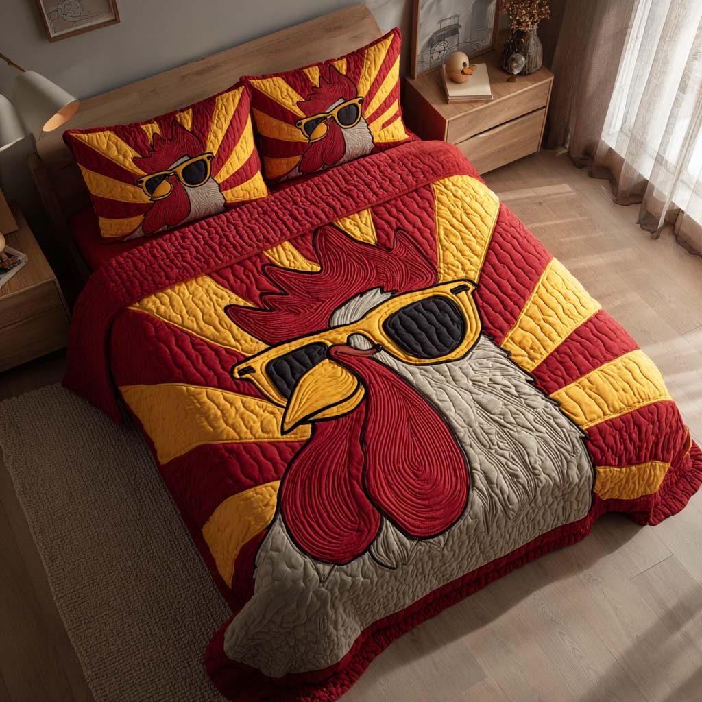 Runway Rooster quilted 3-piece bedding set on a made bed with two matching pillow shams
