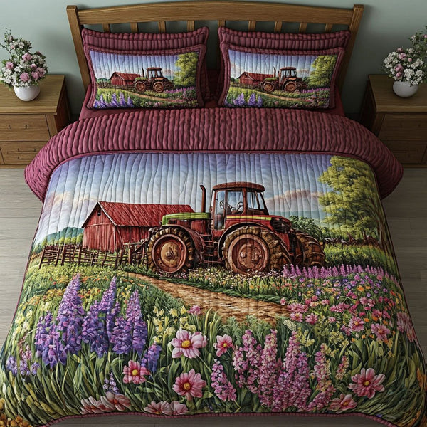 Rural Beauty quilted 3-piece bedding set on a made bed with two matching pillow shams