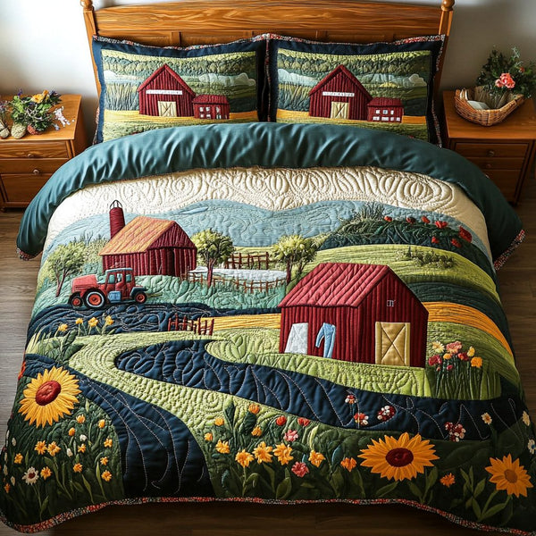 Rural Bliss quilted 3-piece bedding set on a made bed with two matching pillow shams