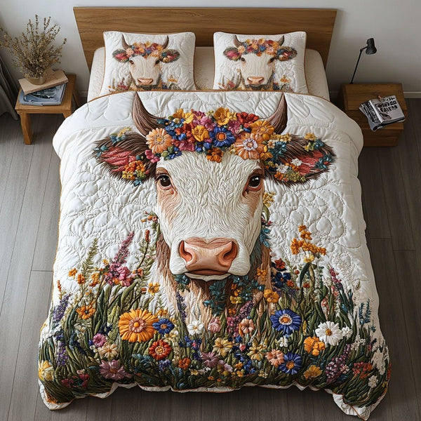 Rural Romance Quilt quilted 3-piece bedding set on a made bed with two matching pillow shams
