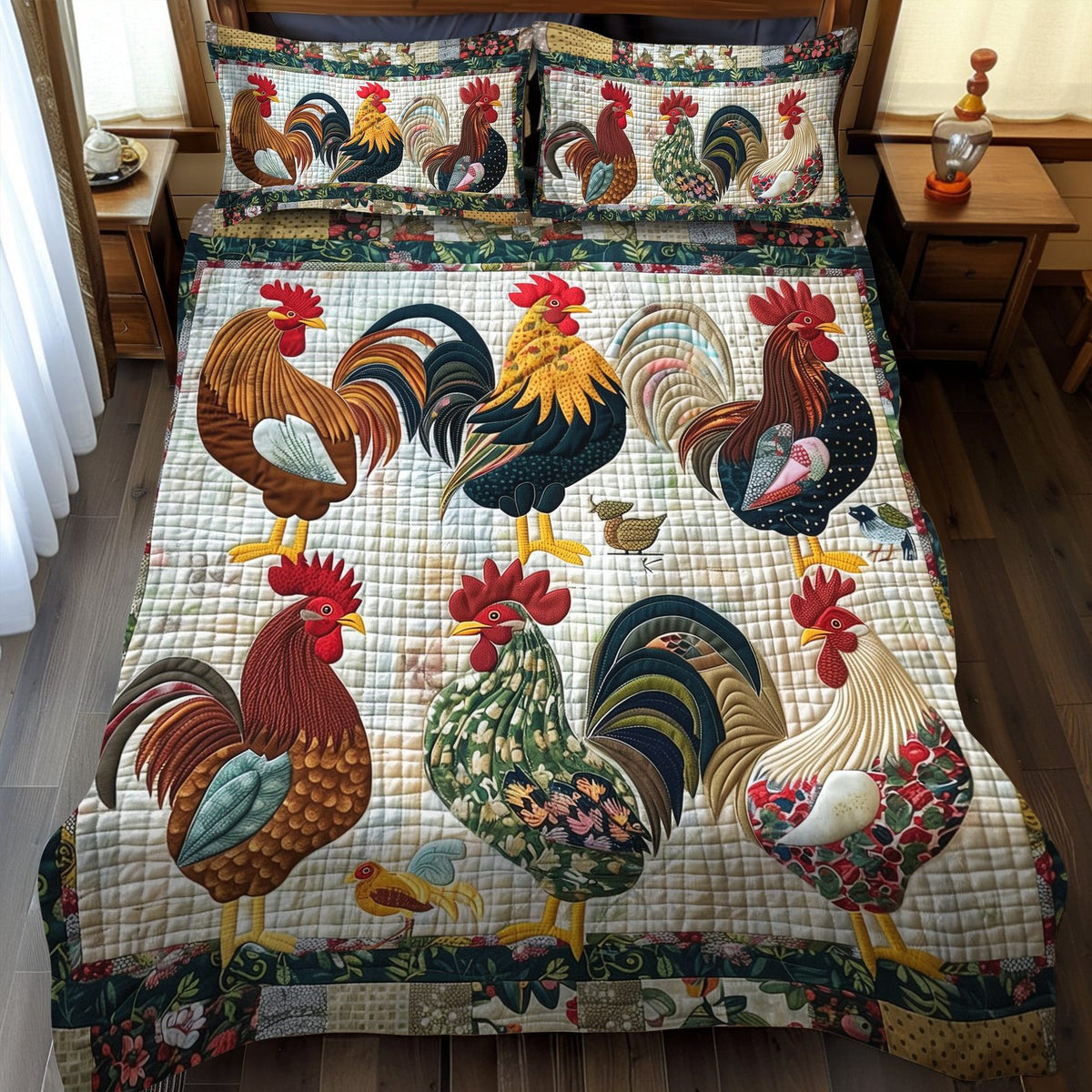 Rural Rooster quilted 3-piece bedding set on a made bed with two matching pillow shams