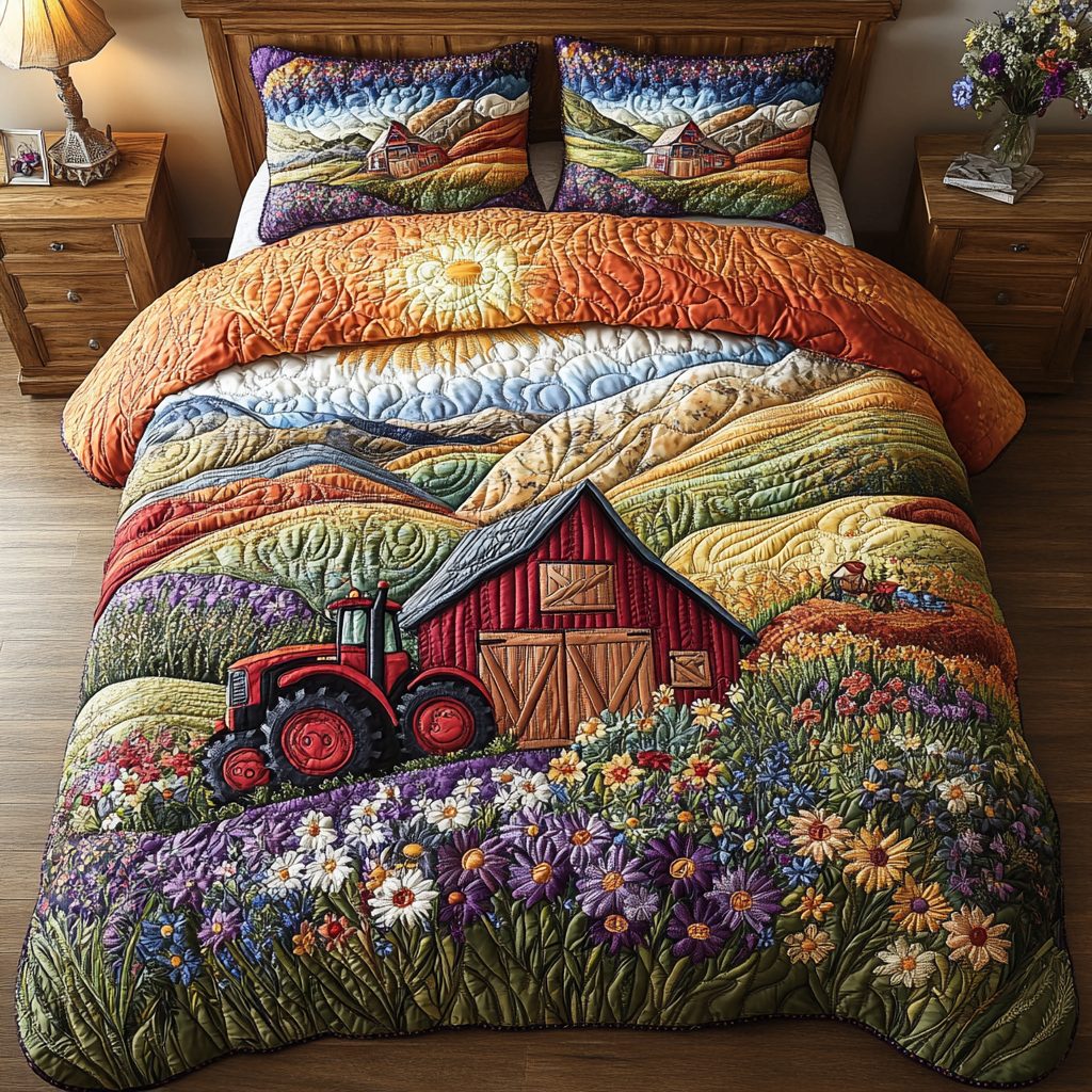 Rural Routes quilted 3-piece bedding set on a made bed with two matching pillow shams