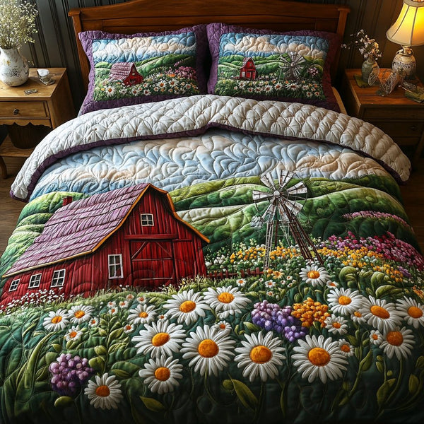 Rural Serenity quilted 3-piece bedding set on a made bed with two matching pillow shams