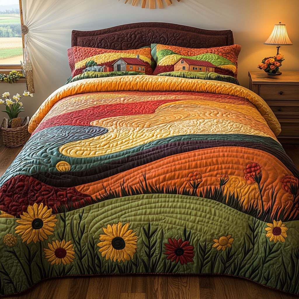 Rural Splendor quilted 3-piece bedding set on a made bed with two matching pillow shams