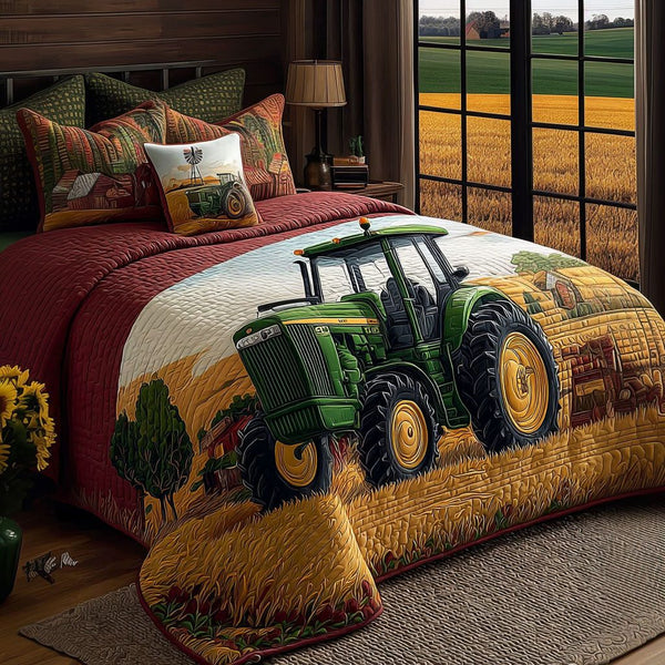 Rustic Acres quilted 3-piece bedding set on a made bed in a farmhouse bedroom
