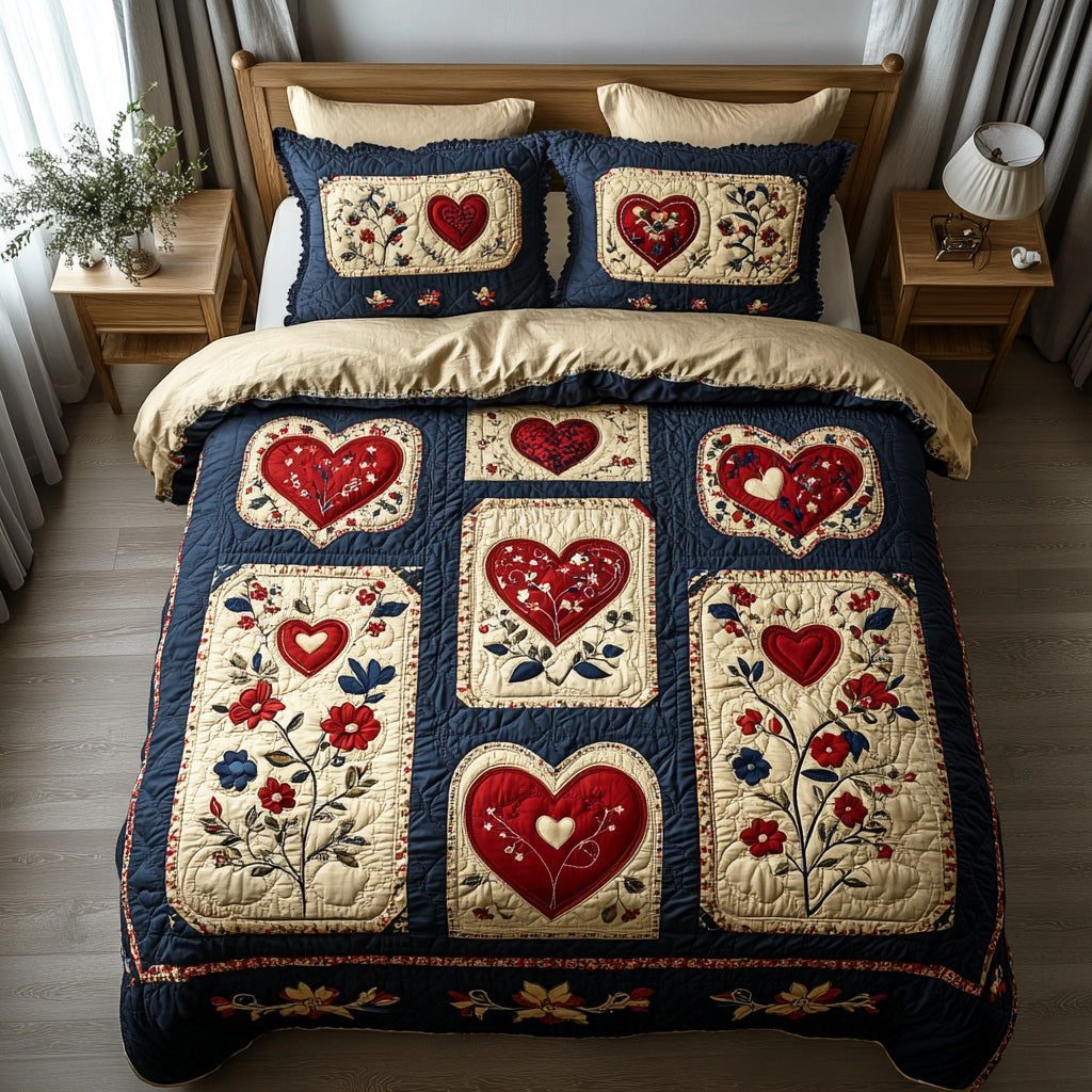 Rustic Amour quilted 3-piece bedding set on a made bed in a farmhouse bedroom