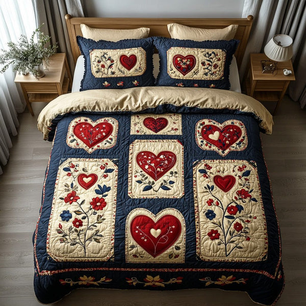 Rustic Amour quilted 3-piece bedding set on a made bed in a farmhouse bedroom