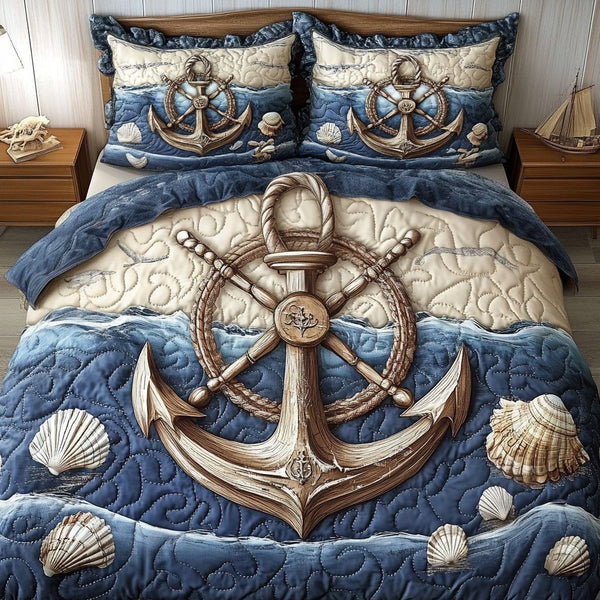 Rustic Anchor quilted 3-piece bedding set on a made bed in a light coastal bedroom