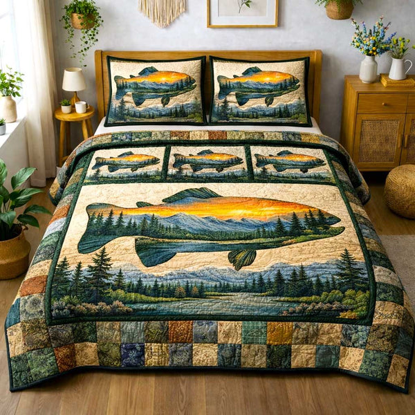 Rustic Angler quilted 3-piece bedding set on a made bed in a farmhouse bedroom