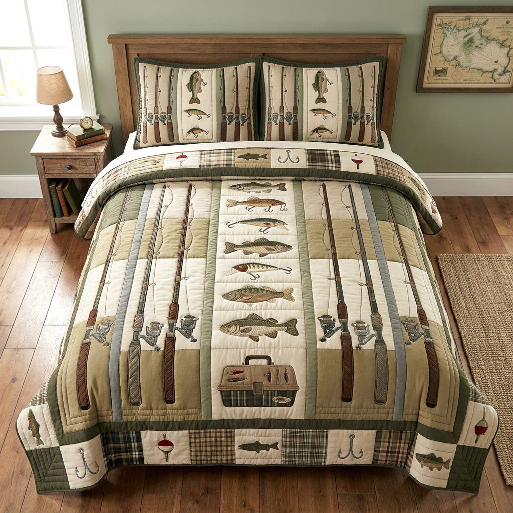 Rustic Angler quilted 3-piece bedding set on a made bed in a farmhouse bedroom