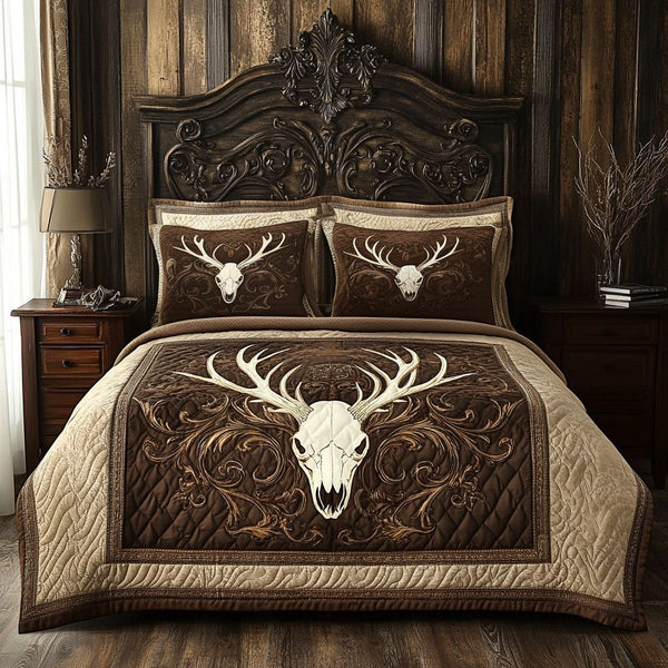 Rustic Antler Crest quilted 3-piece bedding set on a made bed in a farmhouse bedroom