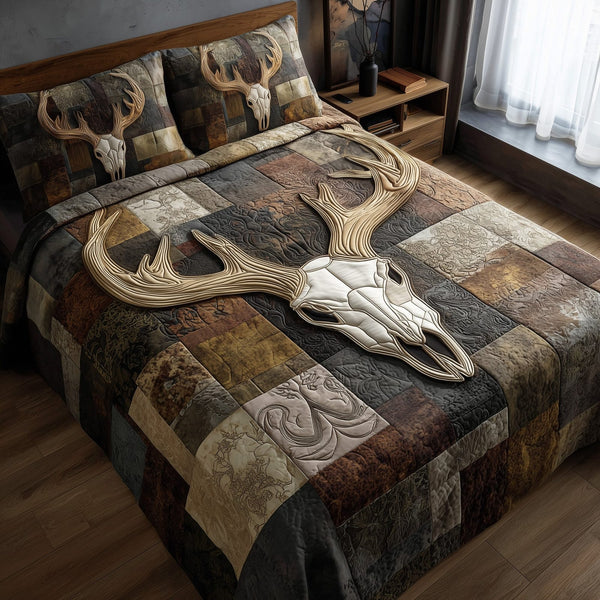 Rustic Antler quilted 3-piece bedding set on a made bed in a farmhouse bedroom