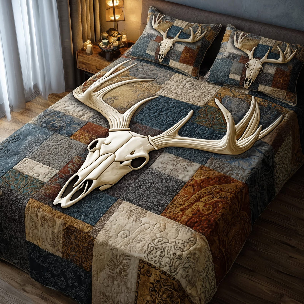 Rustic Antler quilted 3-piece bedding set on a made bed in a farmhouse bedroom