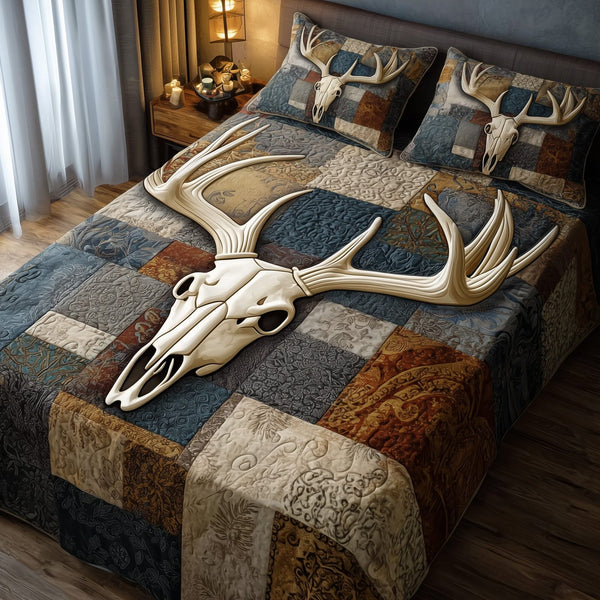 Rustic Antler quilted 3-piece bedding set on a made bed in a farmhouse bedroom