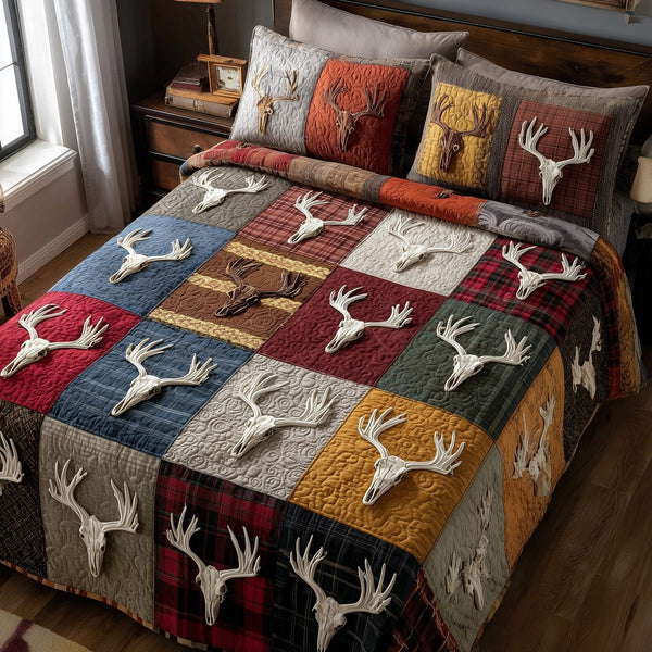 Rustic Antler quilted 3-piece bedding set on a made bed in a farmhouse bedroom