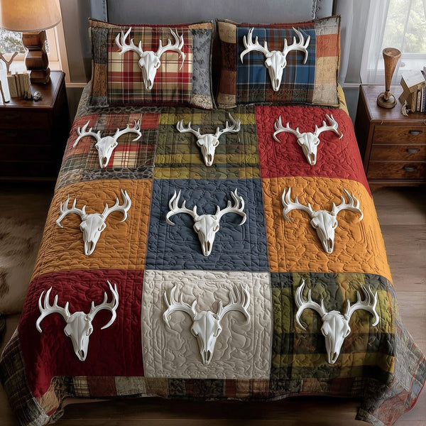 Rustic Antler quilted 3-piece bedding set on a made bed in a farmhouse bedroom