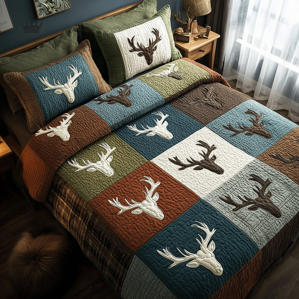 Rustic Antler quilted 3-piece bedding set on a made bed in a farmhouse bedroom