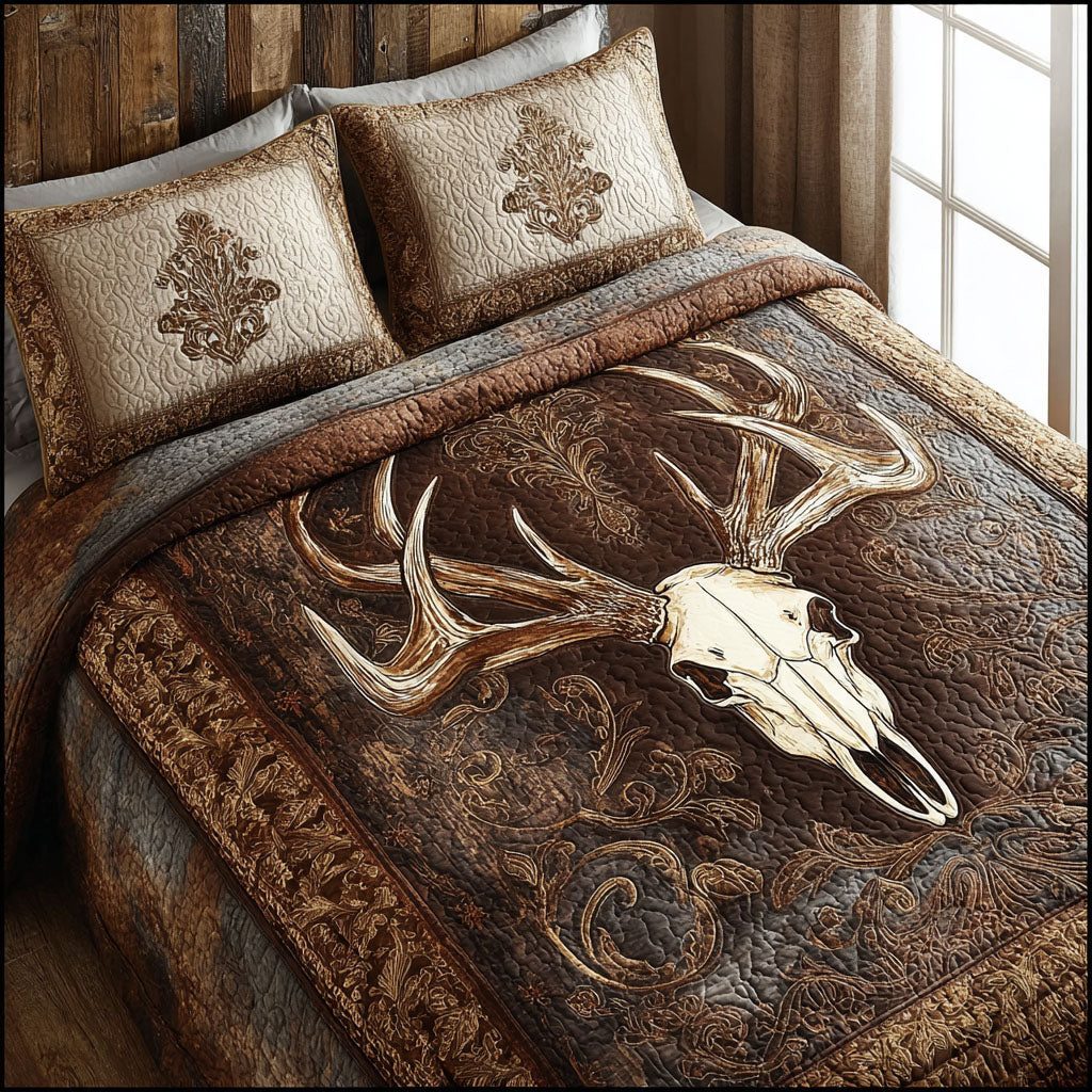 Rustic Antlers quilted 3-piece bedding set on a made bed in a farmhouse bedroom