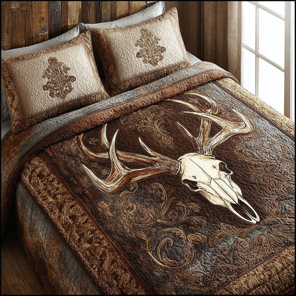 Rustic Antlers quilted 3-piece bedding set on a made bed in a farmhouse bedroom