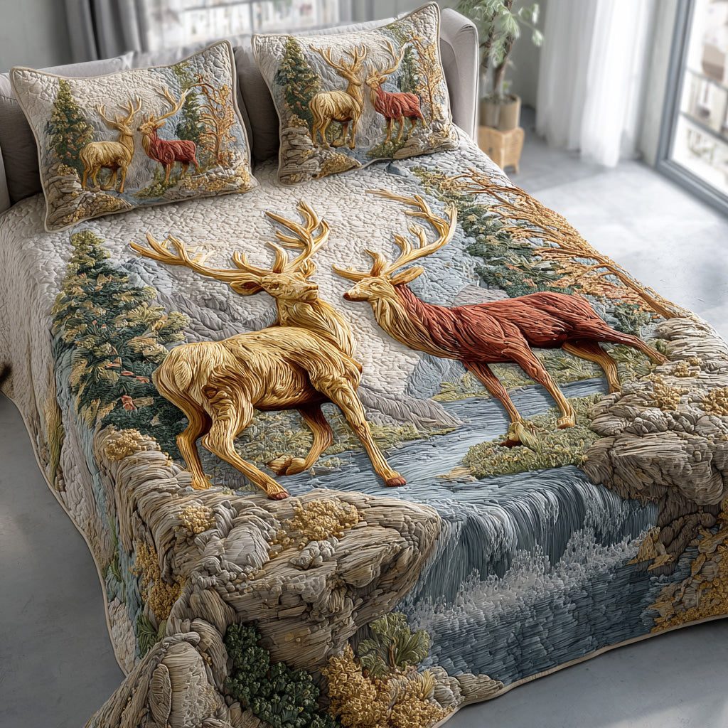 Rustic Antlers quilted 3-piece bedding set on a made bed in a farmhouse bedroom
