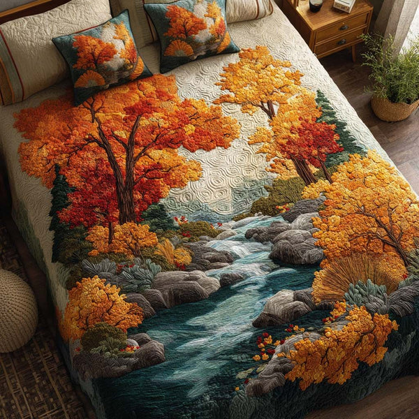 Rustic Autumn Lane quilted 3-piece bedding set on a made bed in a farmhouse bedroom