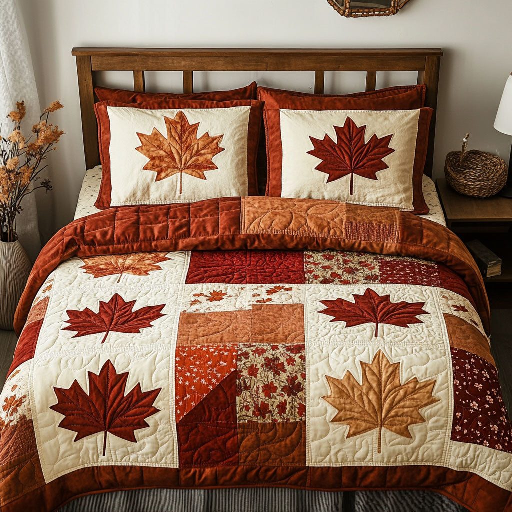 Rustic Autumn Patchwork quilted 3-piece bedding set on a made bed in a farmhouse bedroom