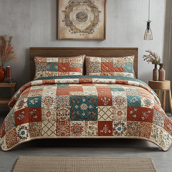 Rustic Autumn Patchwork quilted 3-piece bedding set on a made bed in a farmhouse bedroom