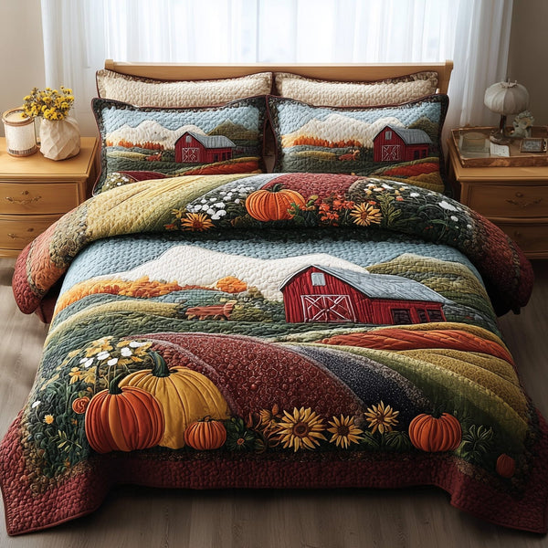 Rustic Autumn quilted 3-piece bedding set on a made bed in a farmhouse bedroom