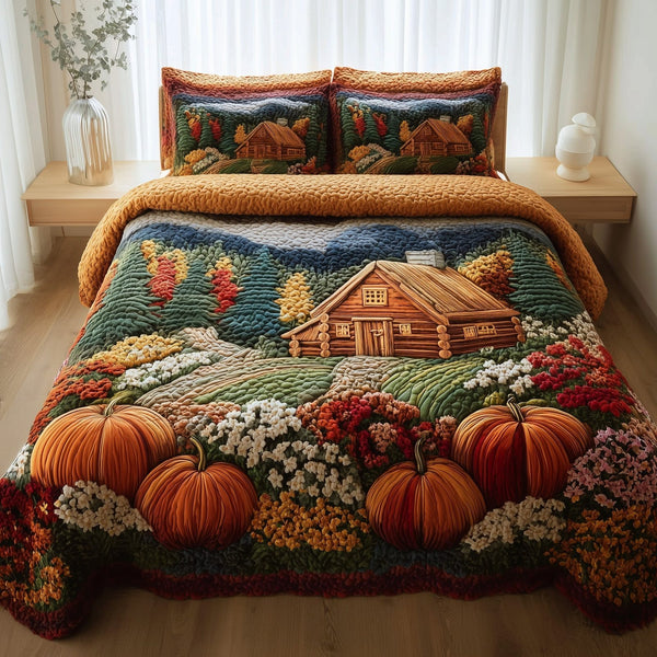 Rustic Autumn quilted 3-piece bedding set on a made bed in a farmhouse bedroom