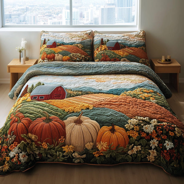 Rustic Autumn quilted 3-piece bedding set on a made bed in a farmhouse bedroom