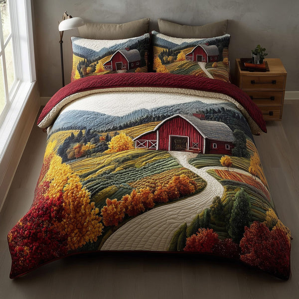 Rustic Autumn quilted 3-piece bedding set on a made bed in a farmhouse bedroom