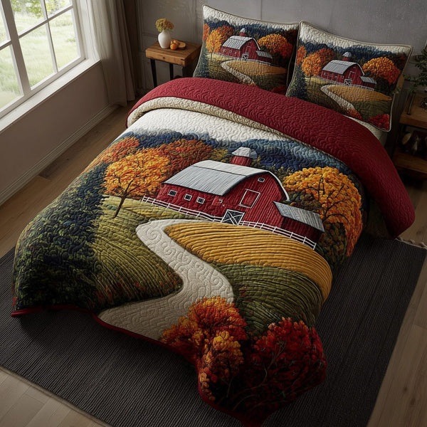Rustic Autumn quilted 3-piece bedding set on a made bed in a farmhouse bedroom