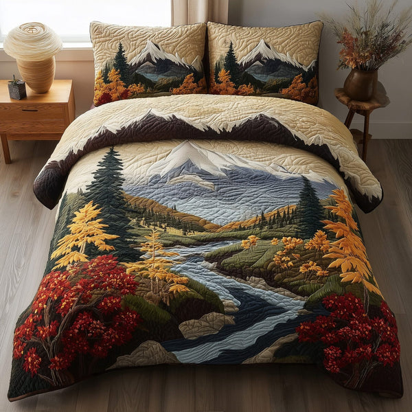 Rustic Autumn quilted 3-piece bedding set on a made bed in a farmhouse bedroom
