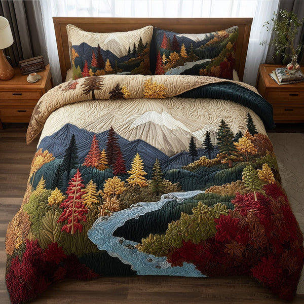 Rustic Autumn quilted 3-piece bedding set on a made bed in a farmhouse bedroom