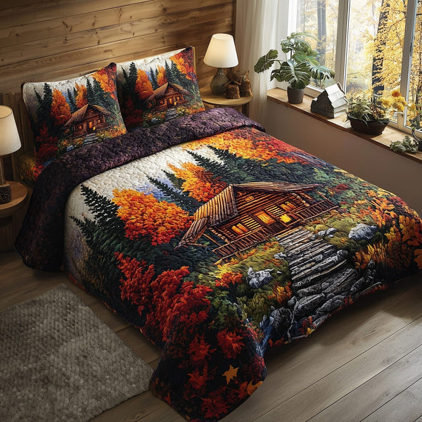 Rustic Autumn Retreat quilted 3-piece bedding set on a made bed in a farmhouse bedroom