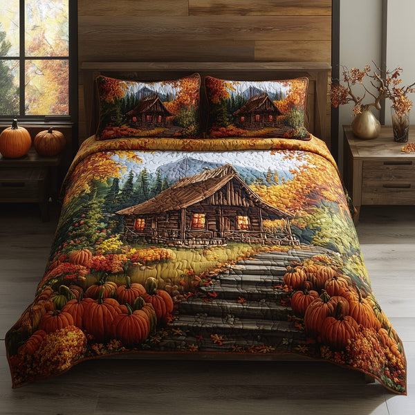 Rustic Autumn Retreat quilted 3-piece bedding set on a made bed in a farmhouse bedroom