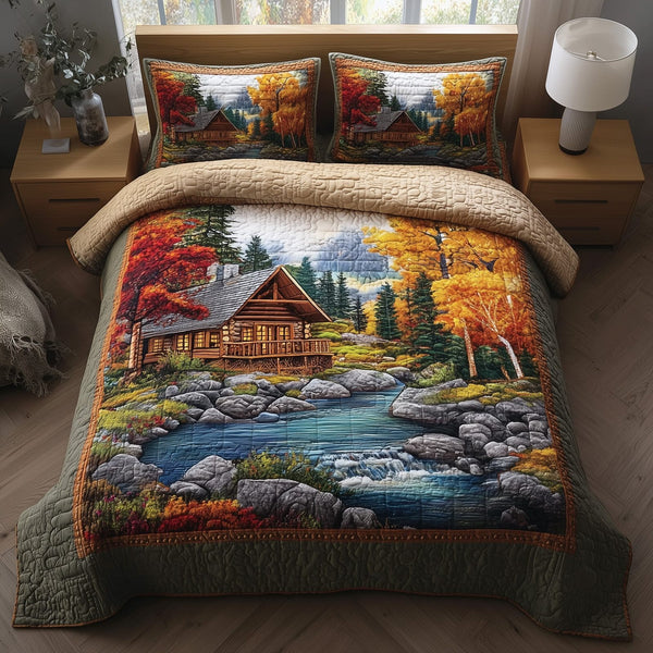 Rustic Autumn Retreat quilted 3-piece bedding set on a made bed in a farmhouse bedroom