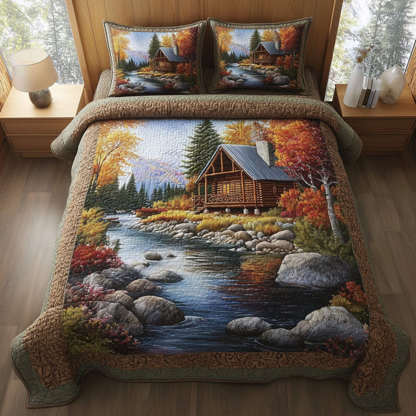 Rustic Autumn Retreat quilted 3-piece bedding set on a made bed in a farmhouse bedroom