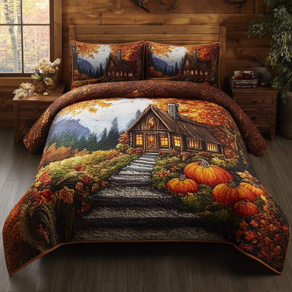 Rustic Autumn Retreat quilted 3-piece bedding set on a made bed in a farmhouse bedroom