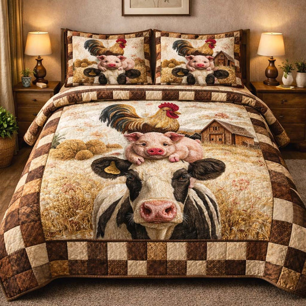 Rustic Barn Companions quilted 3-piece bedding set on a made bed in a farmhouse bedroom