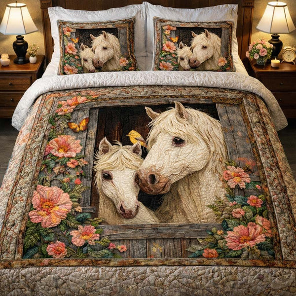 Rustic Barn Companions quilted 3-piece bedding set on a made bed in a farmhouse bedroom