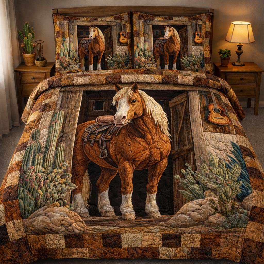 Rustic Barn Horse quilted 3-piece bedding set on a made bed in a rustic timber bedroom