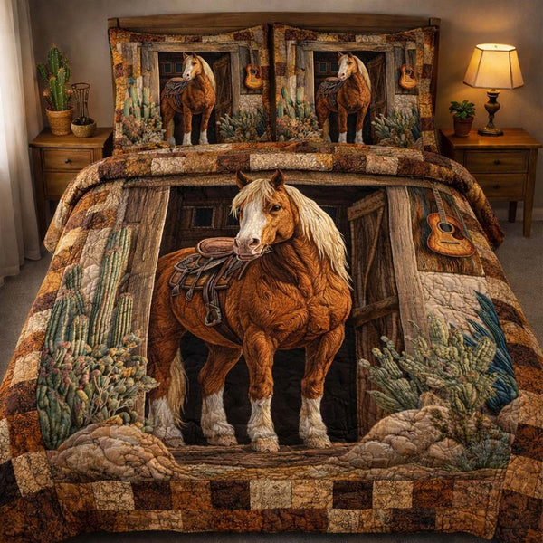 Rustic Barn Horse quilted 3-piece bedding set on a made bed in a rustic timber bedroom