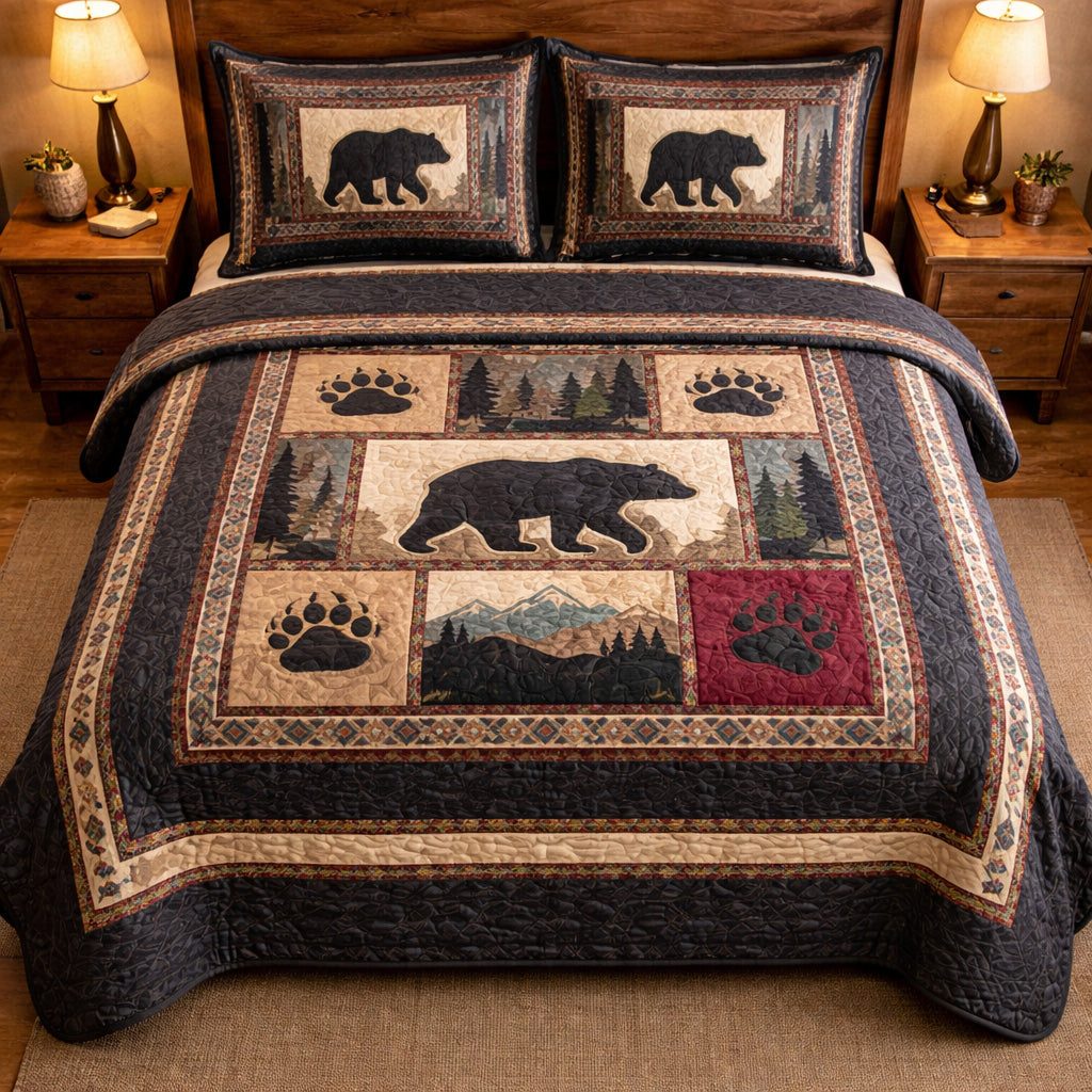 Rustic Bear Lodge quilted 3-piece bedding set on a made bed in a farmhouse bedroom
