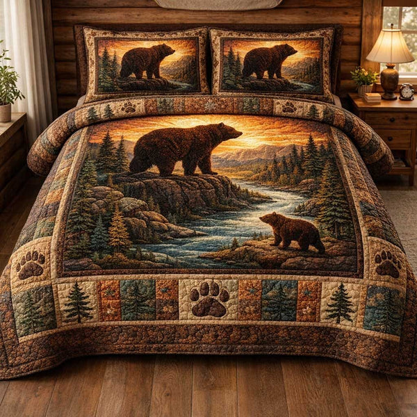 Rustic Bear quilted 3-piece bedding set on a made bed in a farmhouse bedroom