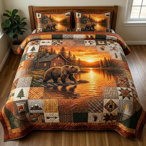 Rustic Bear quilted 3-piece bedding set on a made bed in a farmhouse bedroom