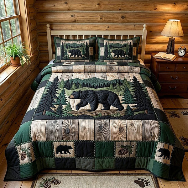 Rustic Bear quilted 3-piece bedding set on a made bed in a farmhouse bedroom