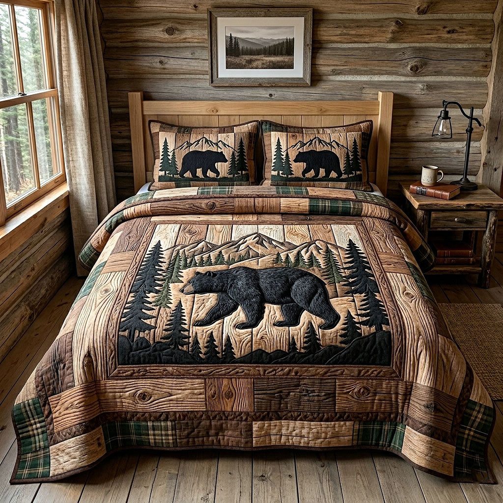 Rustic Bear quilted 3-piece bedding set on a made bed in a farmhouse bedroom
