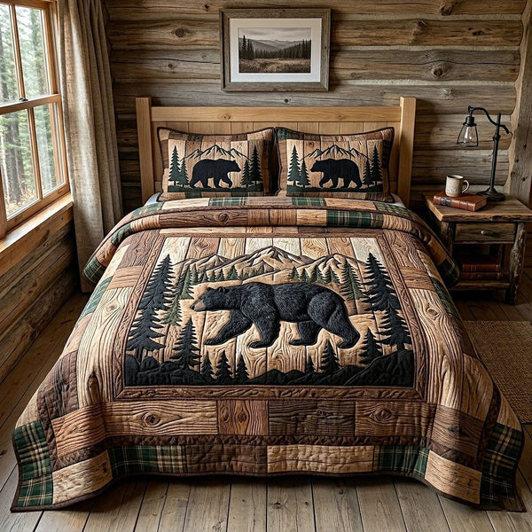 Rustic Bear quilted 3-piece bedding set on a made bed in a farmhouse bedroom