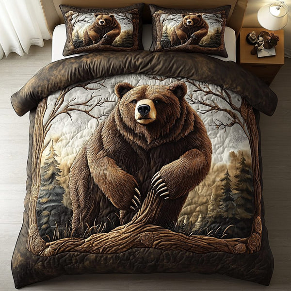 Rustic Bear quilted 3-piece bedding set on a made bed in a farmhouse bedroom